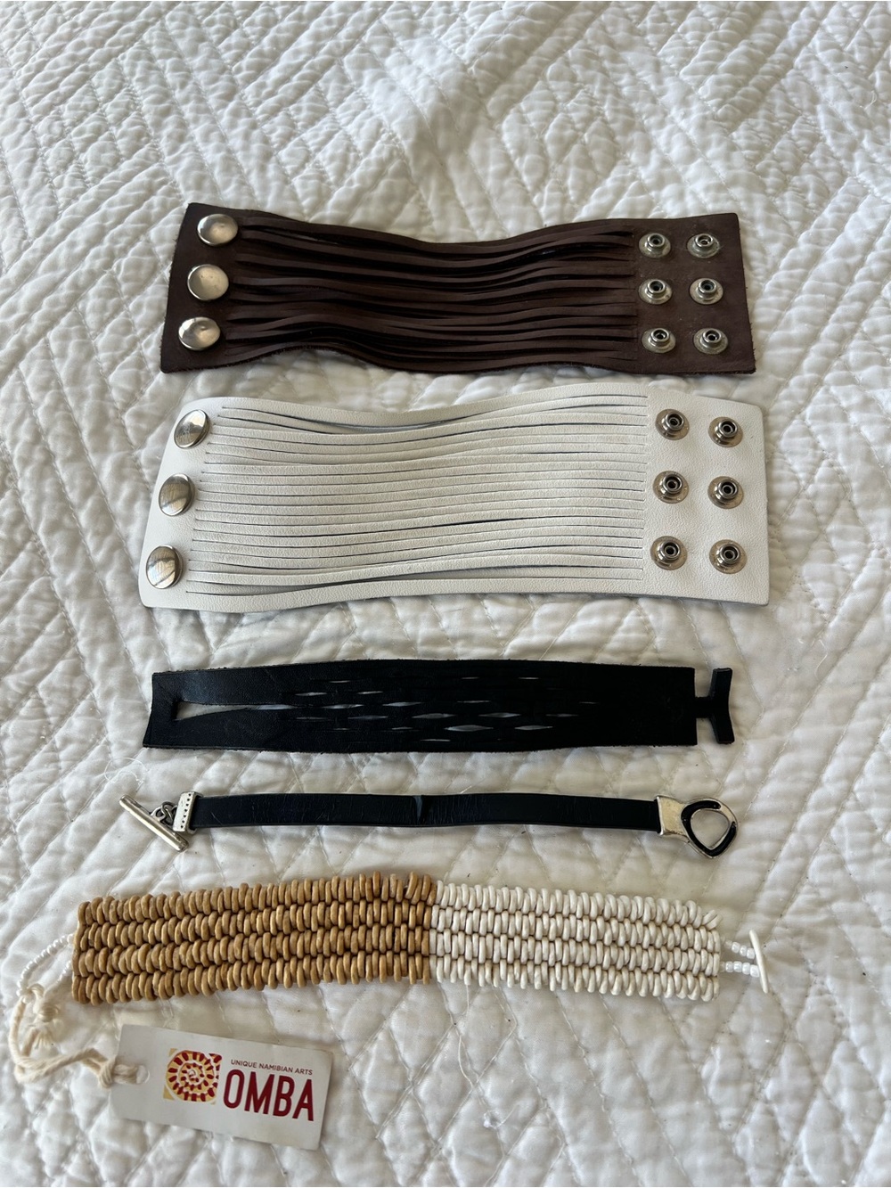 5 Pc  Statement Bracelet Lot Leather Cuffs, OMBA Beaded Cuff & Black Wrist Wrap